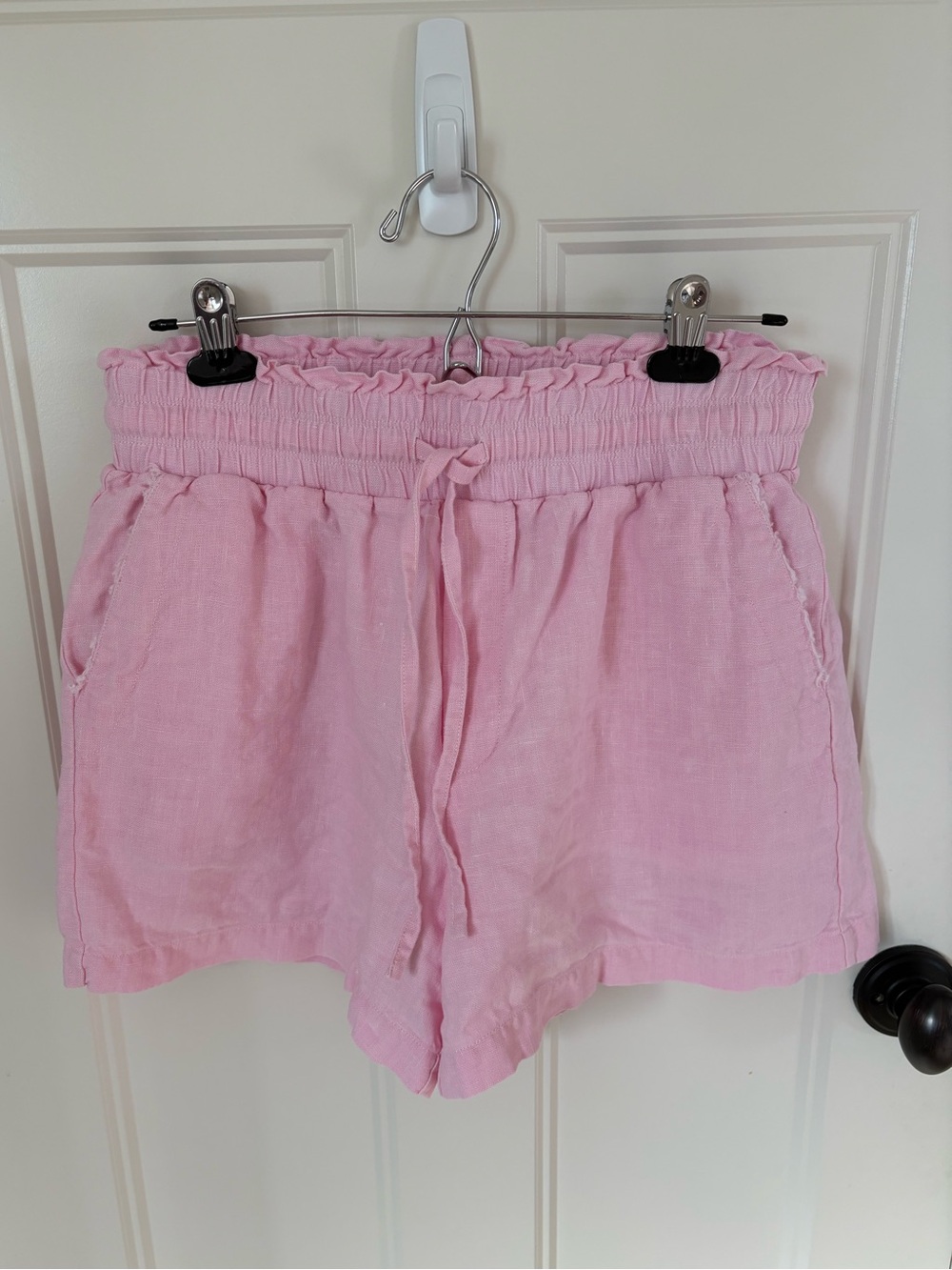 Smocked Waist Pink Women's Lined Linen-Blend Shorts